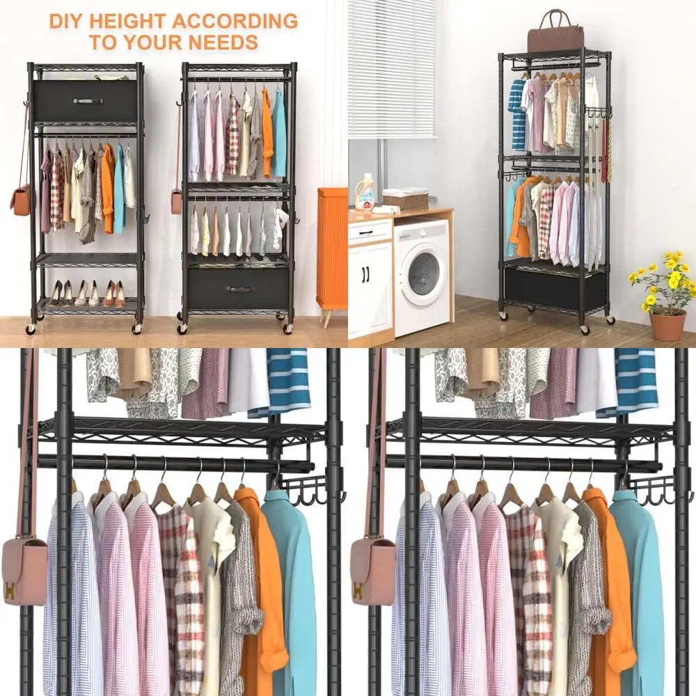 

4-х уровневый регулируемый подвесной органайзер для шкафа с выдвижным ящиком, двойной стержень, боковые крючки, черный, вмещает 445 фунтов, 23 л x 13,18 Вт x 78,74 ч.