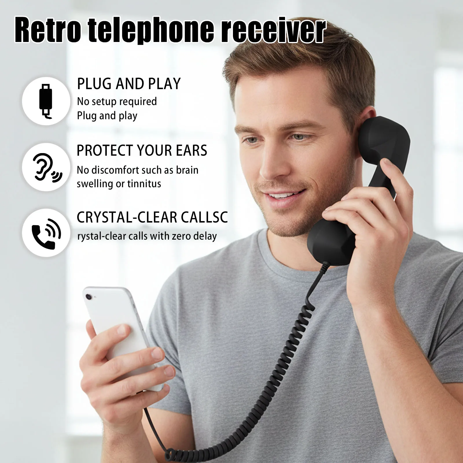 Retro Phone Handset Ergonomics Landline Handle Receiver Portable Vintage Phone Headset for Cell Mobile Video Conferences