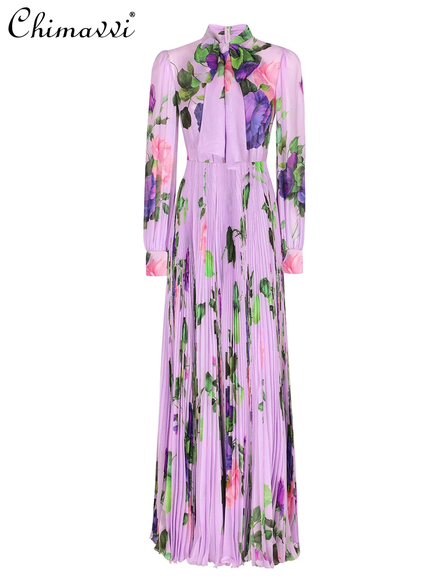 French Floral Purple Dress Women's 2025 Spring and Summer New High-end Long-sleeved Pleated Dress Long Elegant Printed Dresses