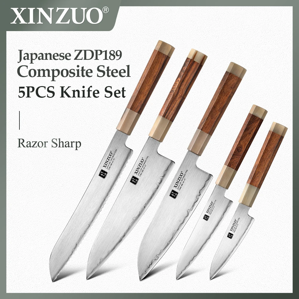 XINZUO Kitchen Knife 5 Piece Set Professional Chef's Knife Composite Steel Classic Wooden Handle Multi-purpose Cooking Tools