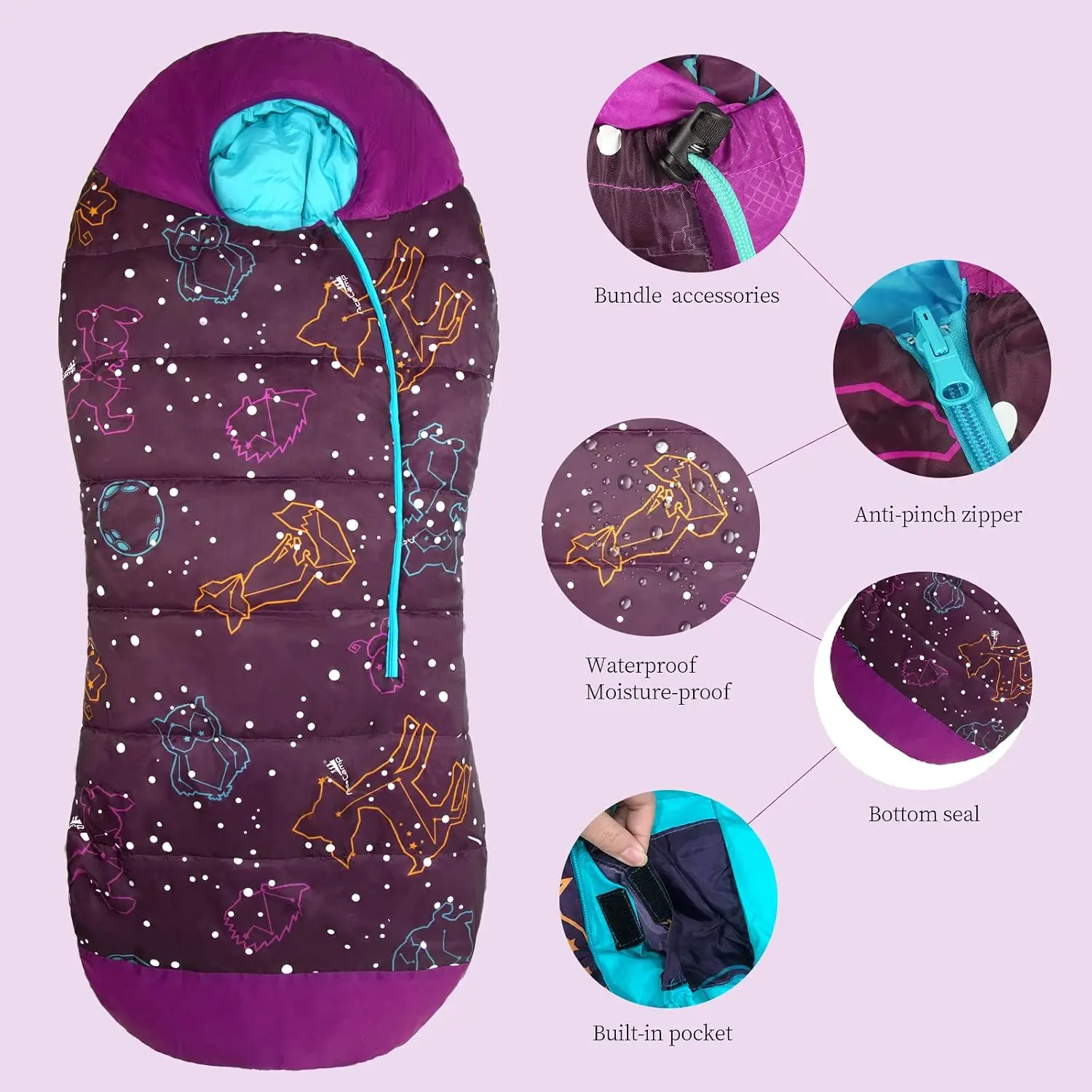 Glow in the Dark Mummy Sleeping Bag for Kids and Youth, Temperature Rating 30°F/-1°C, Water-Resistant for Camping, Hiking
