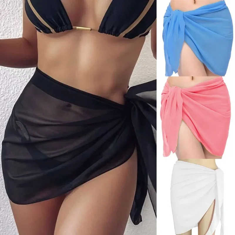 

Summer Women Short Sarong Swimsuit Coverups Solid Bikini Cover Ups Beach Bikini Wrap Sheer Swimwear Cover-ups