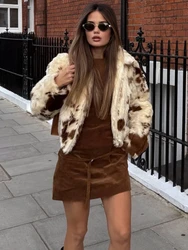 Women's Faux Fur Leopard Print Jacket Coat Lapel Long Sleeve Metal Zipper Side Pocket Warm Cropped Overcoat Winter Chic Jacket