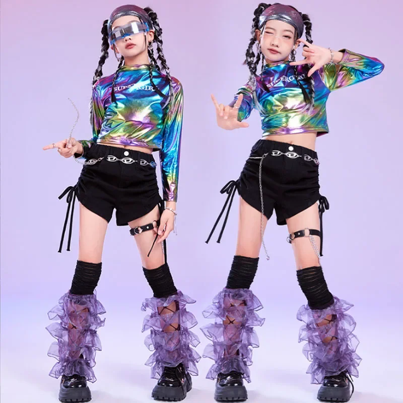 

Girls K-pop Sequins Crop Top Street Dance Shorts Kids Hip Hop Jazz Hot Pants Clothes Sets Children Streetwear Girl Group Costume