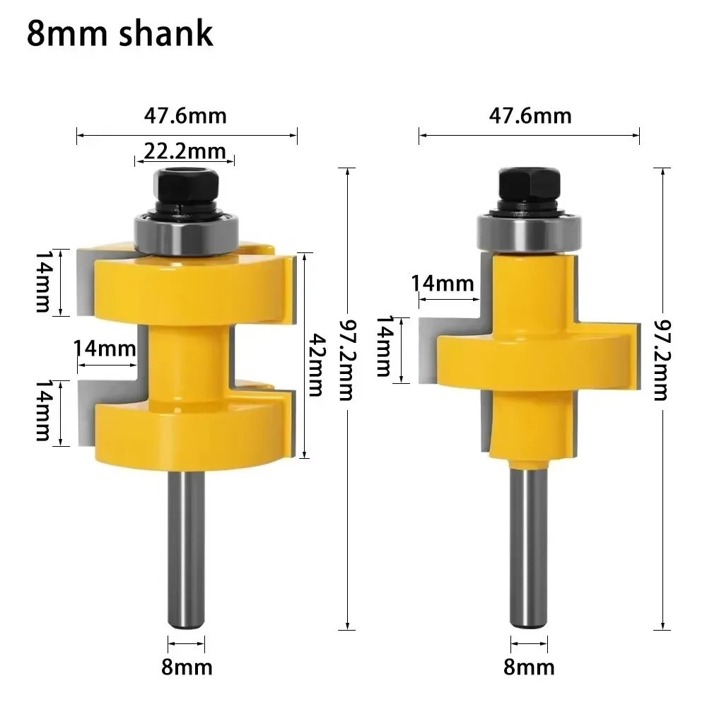 2PC 8MM Shank Milling Cutter Wood Carving Large Tongue & Groove Joint Assembly Router Bit Set 42mm Stock Wood Cutting Tools
