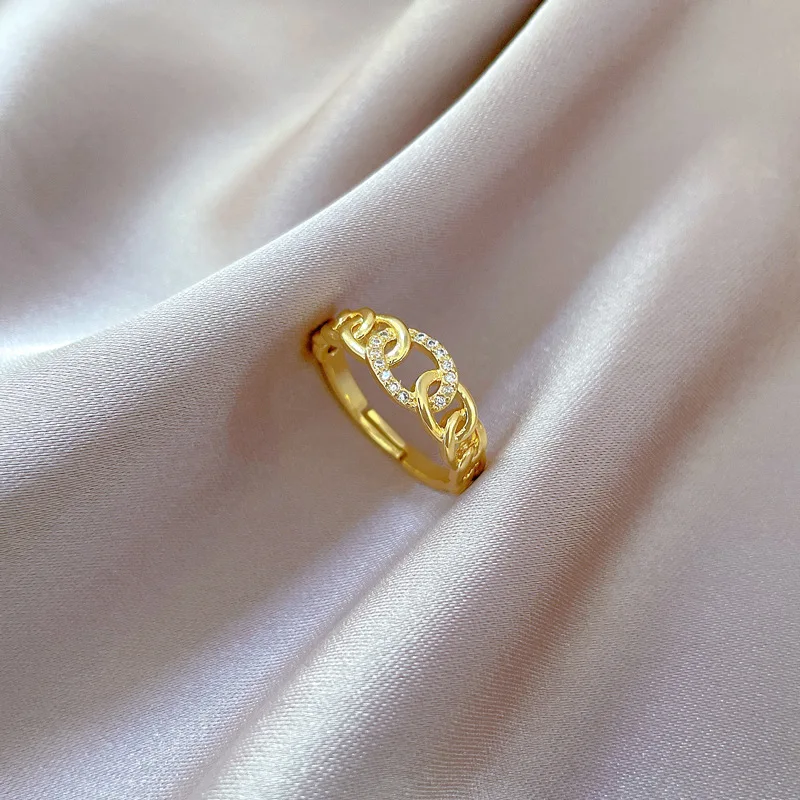2024 Stainless Steel Luxury Zircon Chain Link Rings For Women\'s Adjustable Jewelry Finger Gold Plated No-Fading Birthday Gift