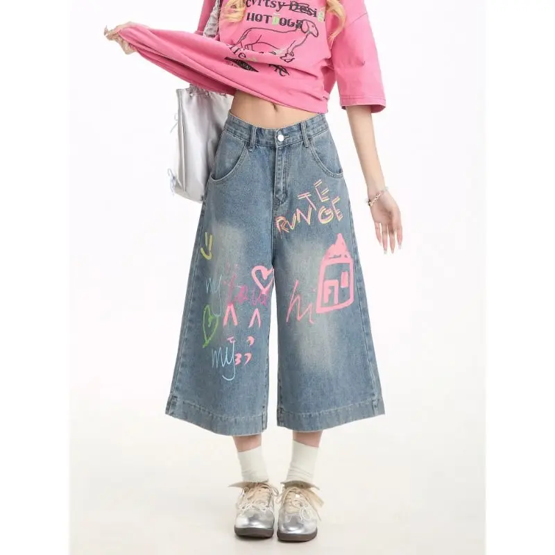 Street Style Loose Straight Leg Jeans Shorts Women's Wide Leg Pants Summer Trendy Graffiti Blue Denim Mid Waist Basic Style