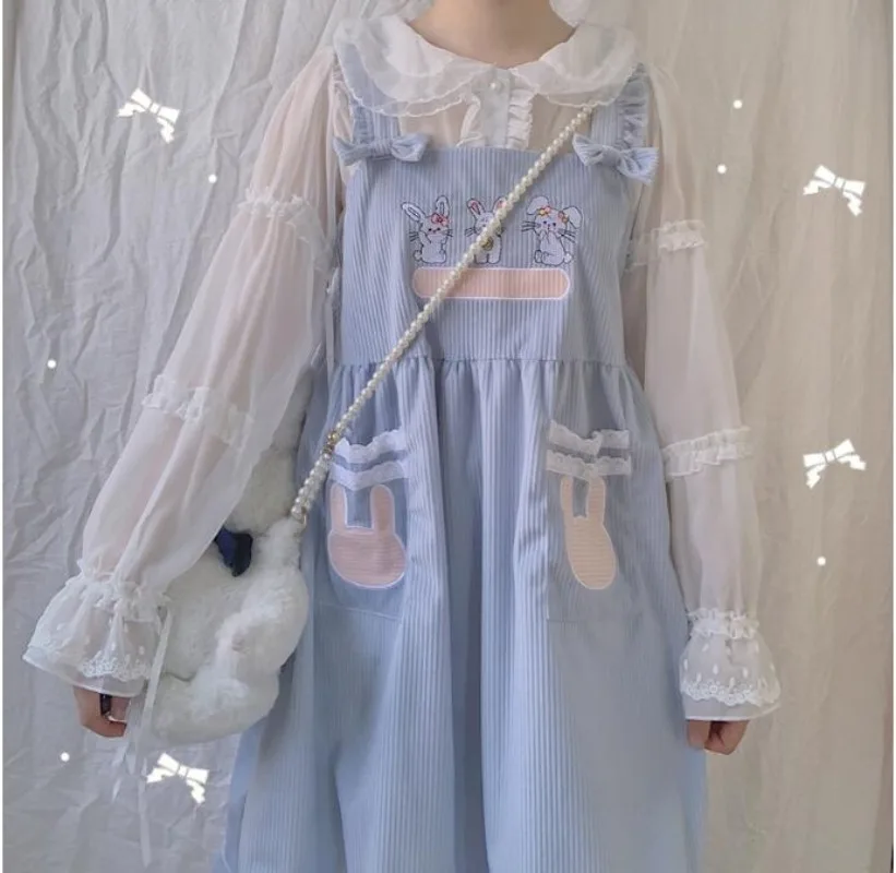 Japanese Vintage Teens Girl Corduroy Dress Mori Girl Lolita Kawaii Bunny Pink Overalls Harajuku Cute Rabbit Bow-knot Strap Dress