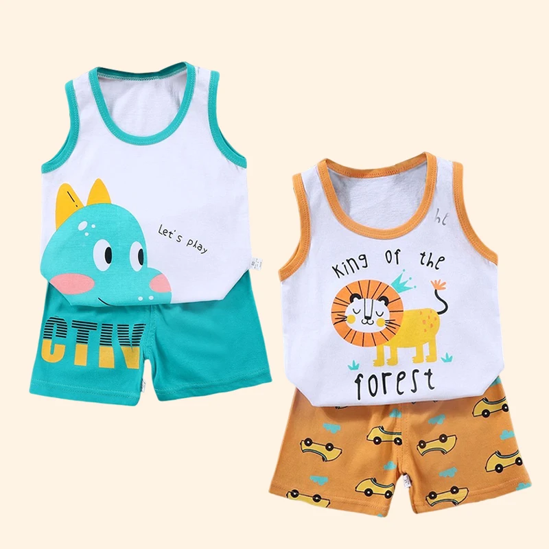 2PCS Children Clothing Vest Suit Children\'s Sets Summer Cotton T-Shirts Shorts Boys Girls Sleeveless Kids Clothes for baby