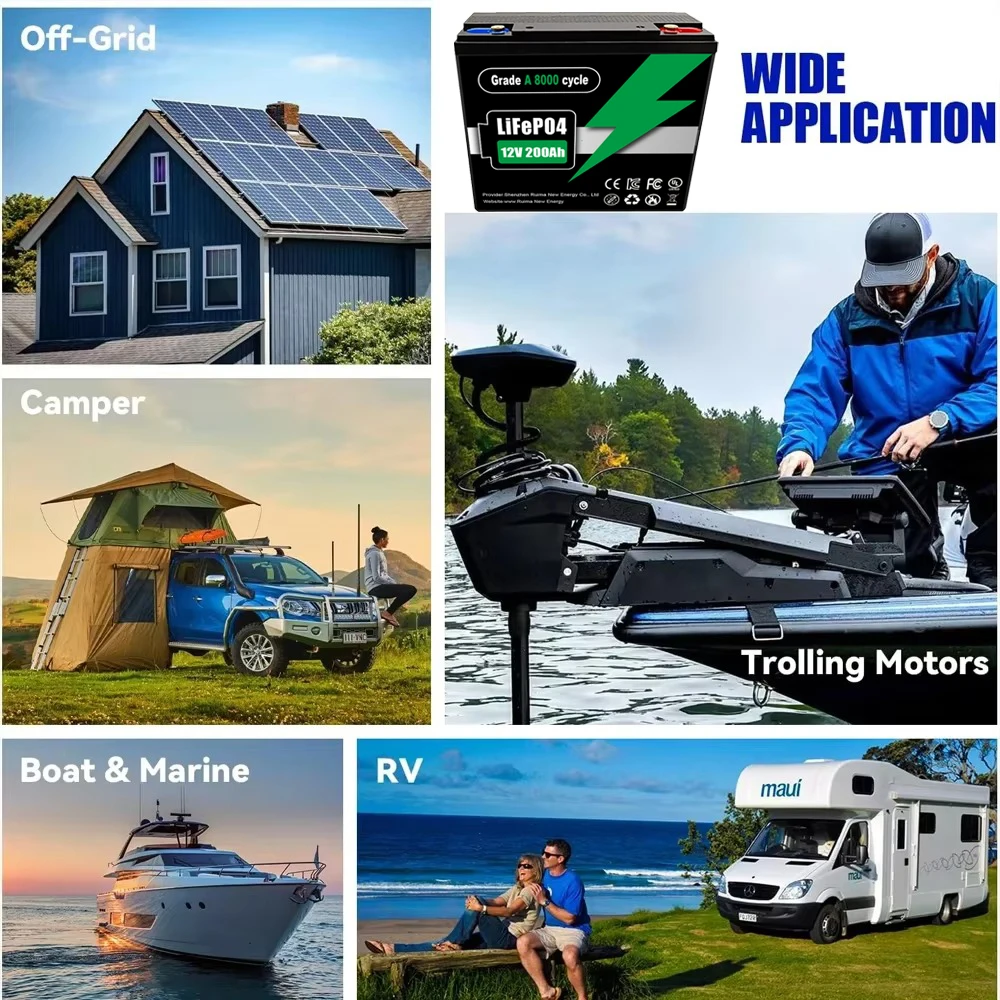 N LED lighting, can be charged using solar energy, new LiFePo4 lithium iron phosphate battery 12V 200Ah, built-in 200A BMS