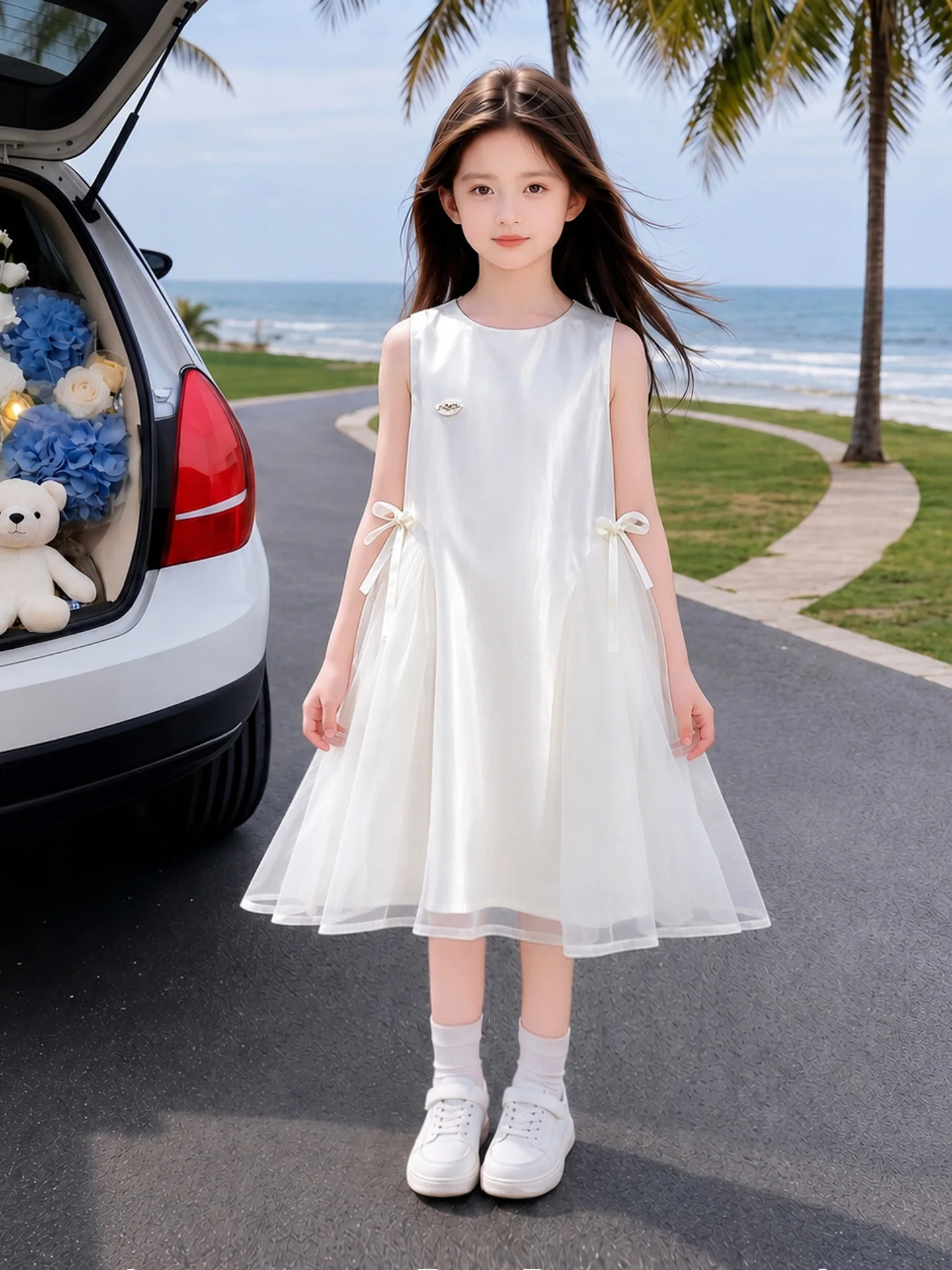 Vestido de Verão para Meninas 2026: Nova Moda Infantil, Vestido Sem Mangas com Saia de Tule, Laço Borboleta, Vestido Moderno,...