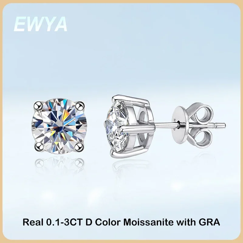 

EWYA GRA Certified 0.1-3CT D Color Moissanite Stud Earrings For Women Party Wedding 4 Prong S925 Silver Earring Ear Studs Gift