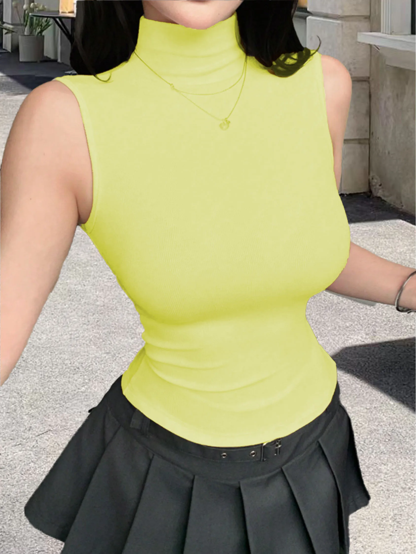 Slim Bodycon Ribbed Sleeveless Tank Top Women Turtleneck Mock Neck Crop Cami Soft Stretch Knit Basic Inner Vest Summer Streetwea