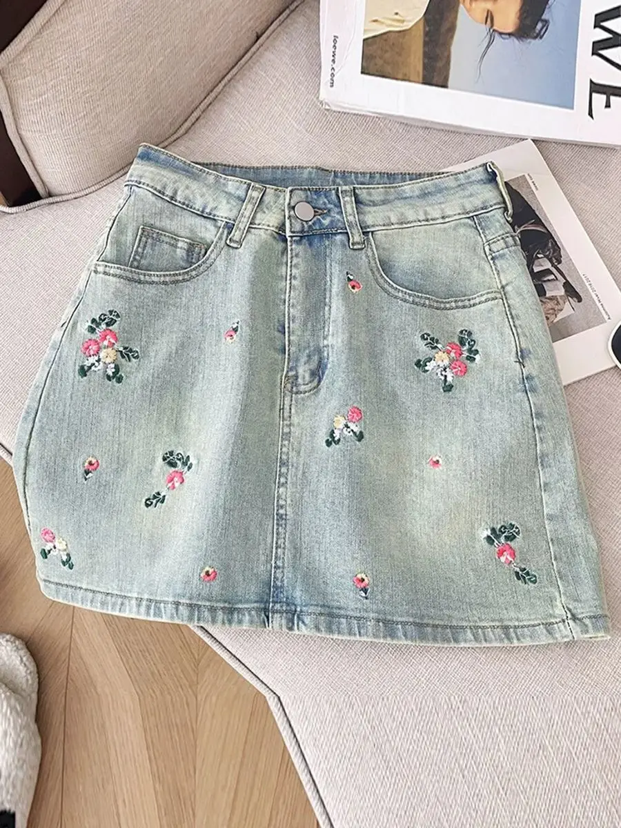 

Джинсовая юбка Y2K с высокой талией для женщин, летняя, в китайском стиле, с вышивкой, цветочным узором, А-силуэт, облегающая, стройнящая