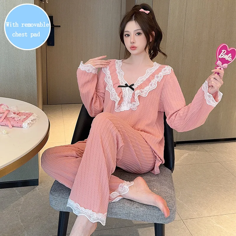 Spring and Autumn Women's Lace V-neck Sweet Pajamas Solid Color Loose Simple Large Size Long Sleeve Pajamas Set Home Clothes