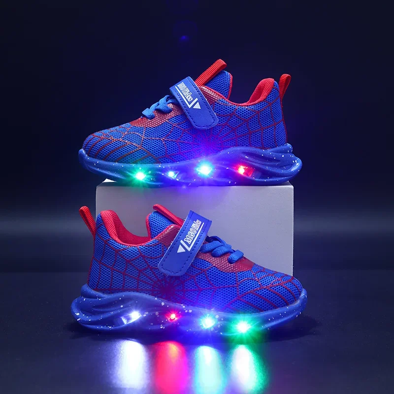 Disney LED Casual Sneakers Spider-Man Red Black For Spring Boys Mesh Outdoor Shoes Children Lighted Non-slip Shoes Size 21-30