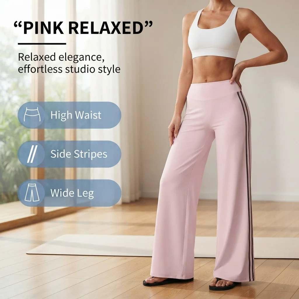 Three-piece set of ladies' high-waisted wide-leg pants in random or specified colors, with side stripe design, retro sporty wide