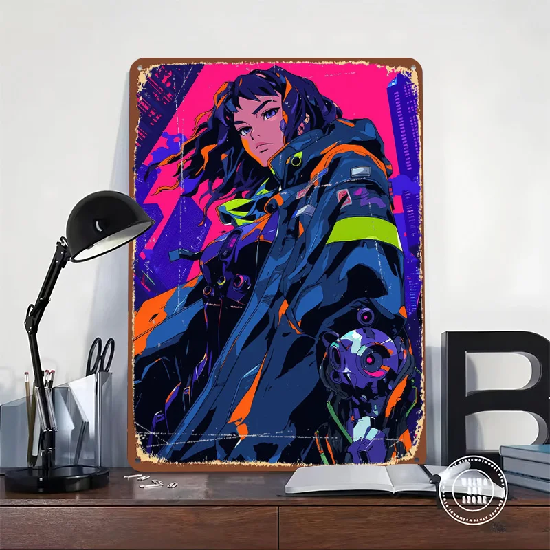 Cyberpunk Anime Girl Metal Poster Custom Wall Art Retro Vintage Tinplate Signs for Man Cave Home Decor Living Room Wand Deko