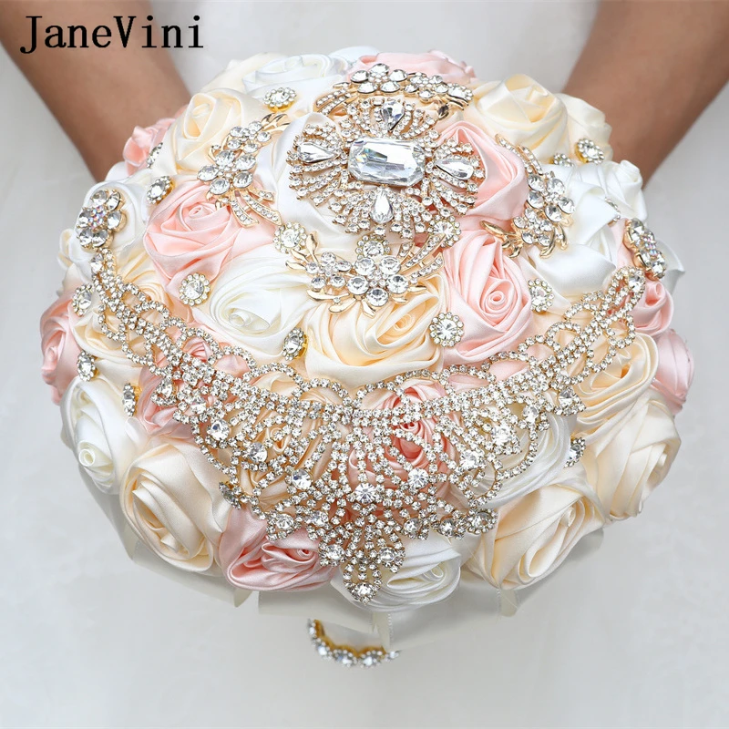 JaneVini Romantic Satin Rose Fake Flower Wedding Bouquet for Bride Sparkly Crystal Rhinestone Jewelled Bridemaids Bridal Flowers