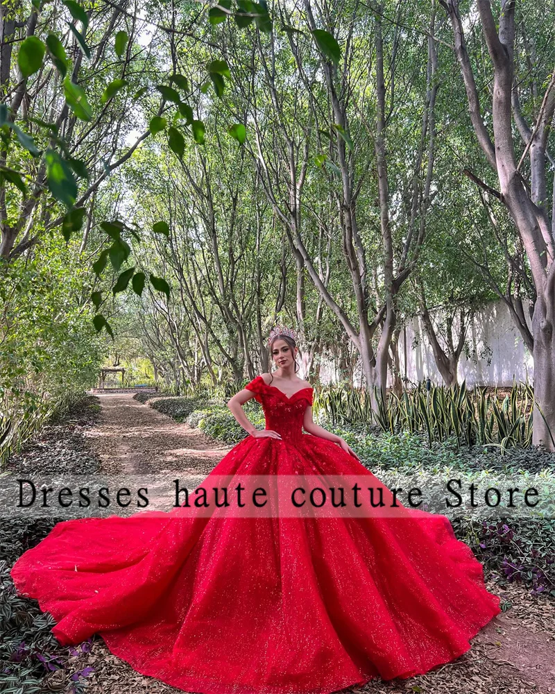 Vestido de baile rojo para quinceañera, traje de encaje con cuentas, hombros descubiertos, princesa Gril Sweet 15 16, fiesta de cumpleaños, novedad de 2024