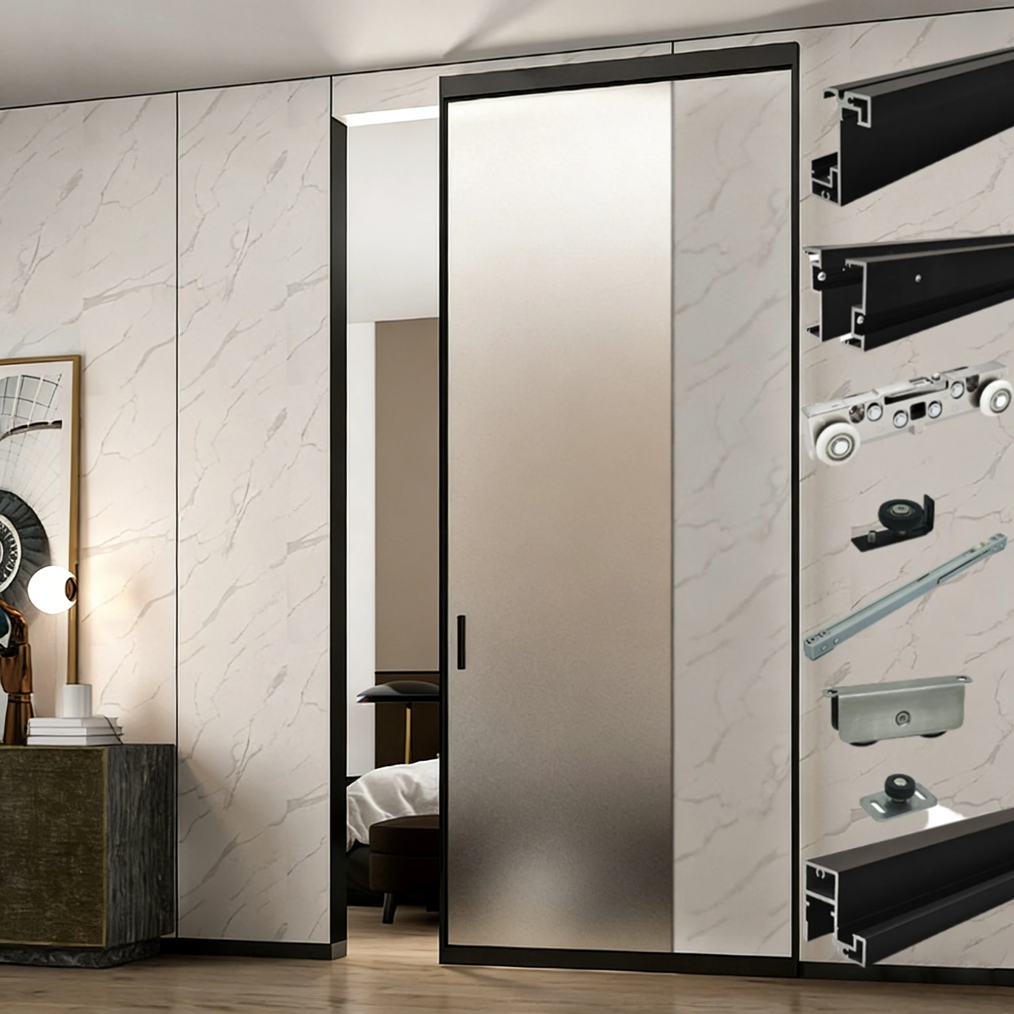 Gold Aluminum Frame Hidden Track Magic Ghost Sliding Door Invisible Soft Closing Sliding Door Sets Trackless Sliding Door Kits
