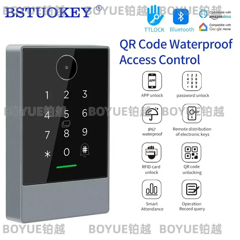 Outdoor QR Code Keypad 13.56MHz TTLOCK TTHotel App Waterproof Remote Door Opener Compatible with Alexa Google Smart