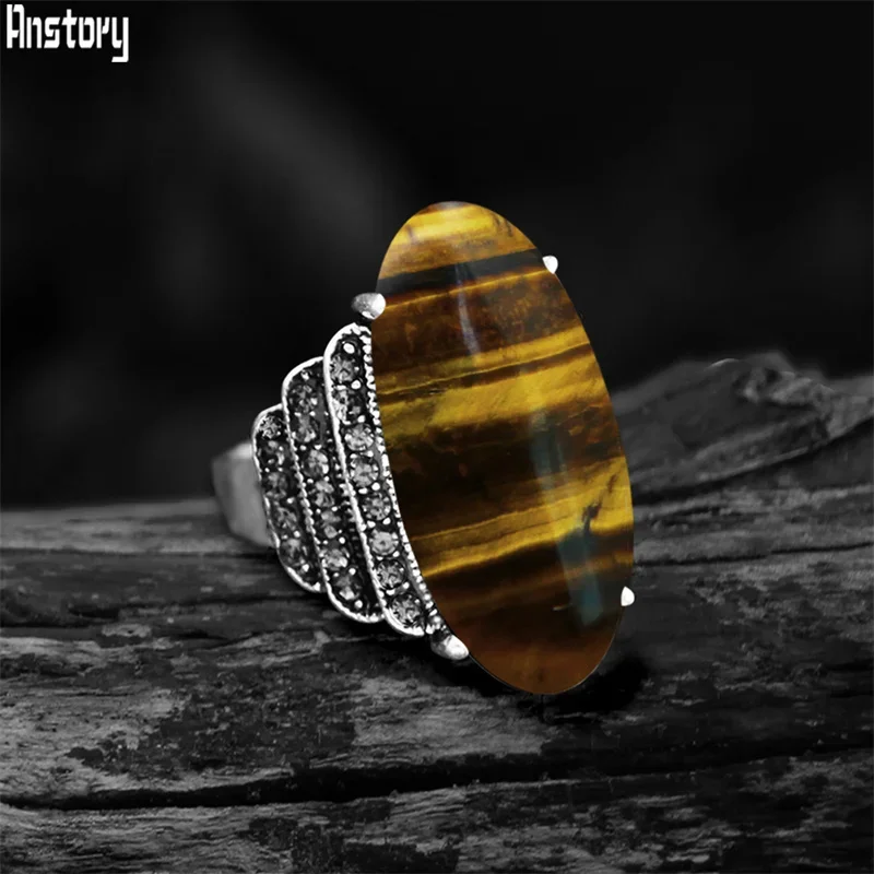 Vintage Eye Shape Natural Tiger Eye Rings For Women Antique Silver Plated Crystal Fashion Natural Stone Ring Free Shipping