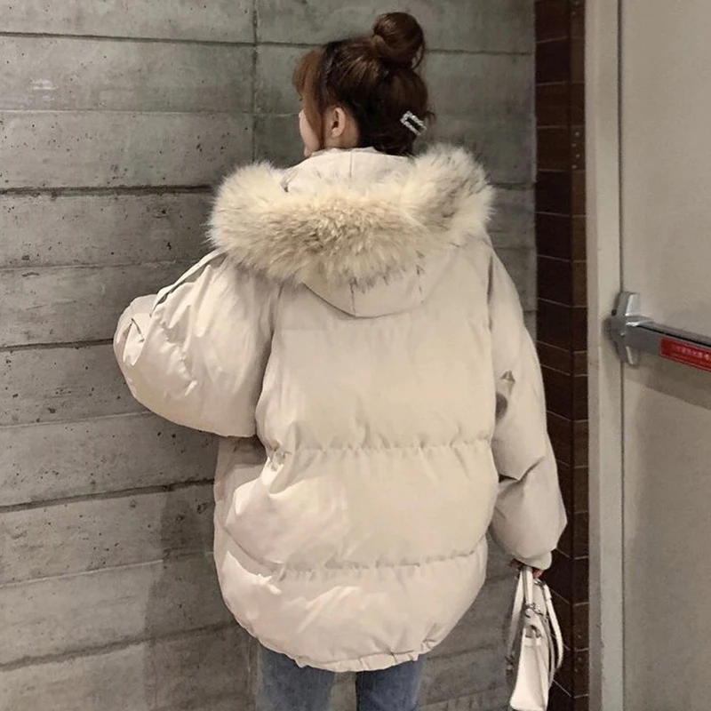 Rimocy Hooded Fur Collar Loose Parkas for Women Winter Pockets Thicken Warm Jacket Woman Zipper-Up Cotton Padded Jacket Ladies