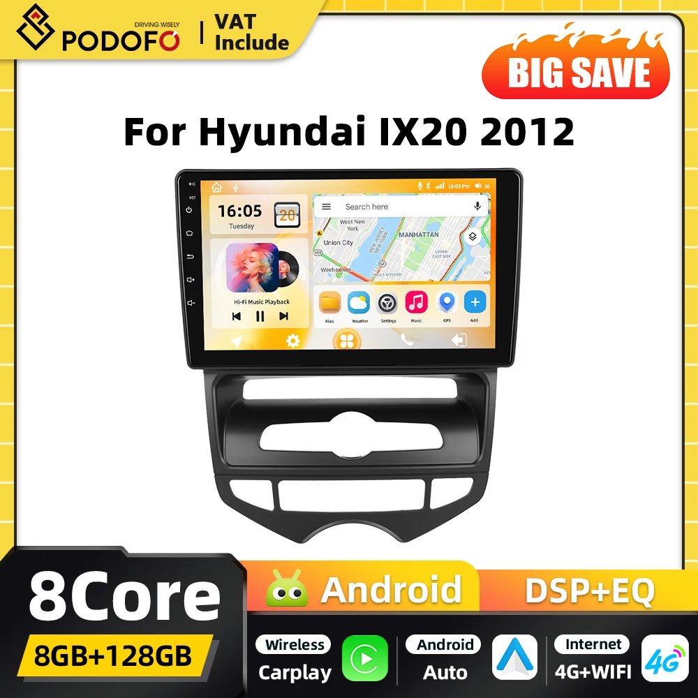 Autoradio Android Podofo 8+128G 2din per Hyundai IX20 2012 con Navigazione GPS, Carplay, Android Auto, BT, DSP, WIFI, FM