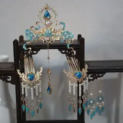 Womens Metal Blue Flowers With Beaded Droplet Tassel Hairpin Earring Set Chinese Hanfu Headwear