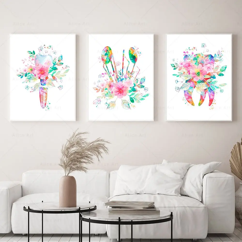 Dental Equipment Poster Teeth Anatomy Flower Watercolor Canvas Painting Dentist Gift Picture Medical Clinic Kids Room Wall Decor