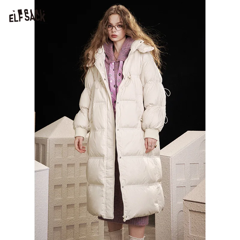 ELFSACK 2025 Winter New Arrivals Minimalist Long Solid Color Zippered Hooded Down Coat For Woman