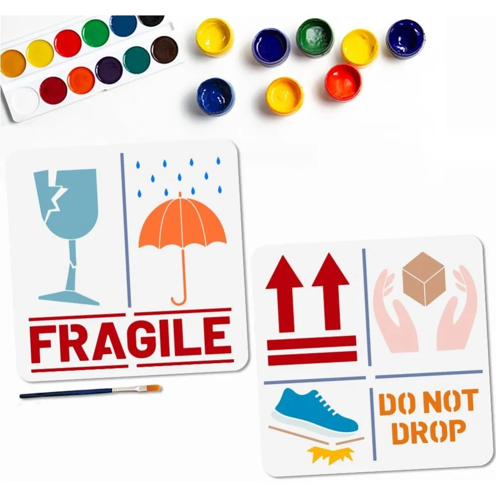 2Pcs Fragile Items Stencils 11.8×11.8inch DO NOT Drop Painting Stencil Reusable Express Warning DIY Crafts Template