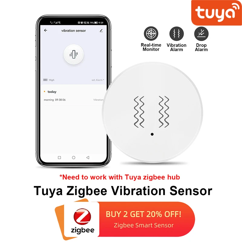 

Беспроводной детектор движения Tuya Zigbee Vibration Sesnor, мониторинг сигнализации в реальном времени с управлением через приложение, напоминание о вибрации