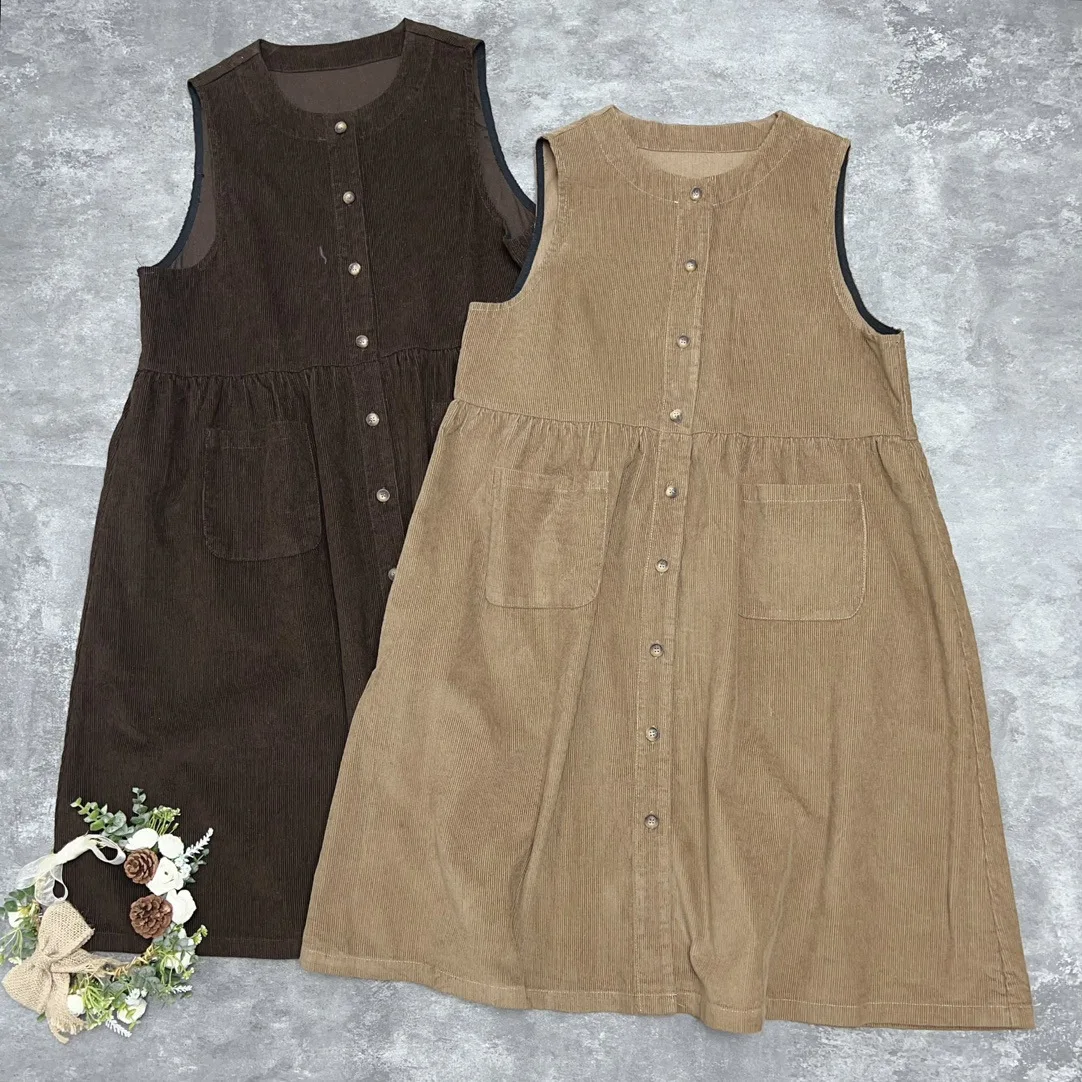 Johnature Corduroy button-down vestjurk voor dames Grote zakken Casual veelzijdige katoenen dames tankjurken