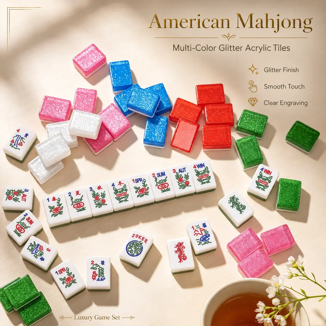 Glitter Acrylic American Mahjong Set 160Pcs Multiple Colors Optional  Premium Sparkly Mahjong Tiles for Party Travel Family Game
