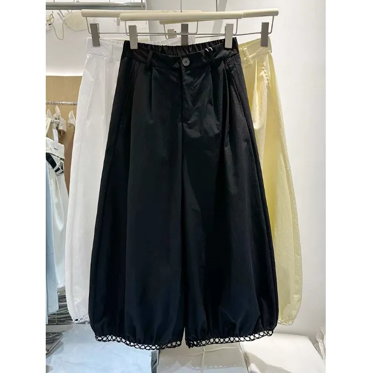 

Korean Sle Pure Color Summer Thin Hollow Lace Trim Lantern Pants Women's Nine Points plus Size Slimming Faion Wide Leg Ba...