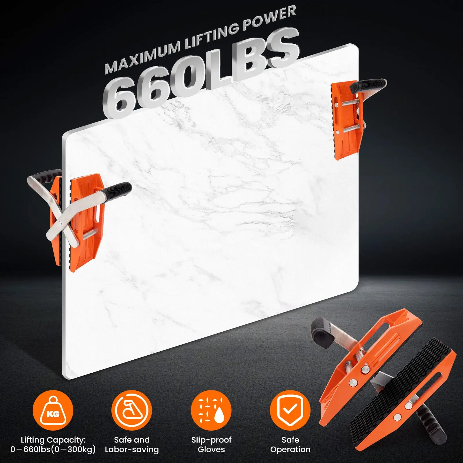 2Pcs Granite Carrying Clamps with Rubber-lined Double Handed Lifting Tools 660lbs Heavy Duty for Glass Quartz Slabs Marble