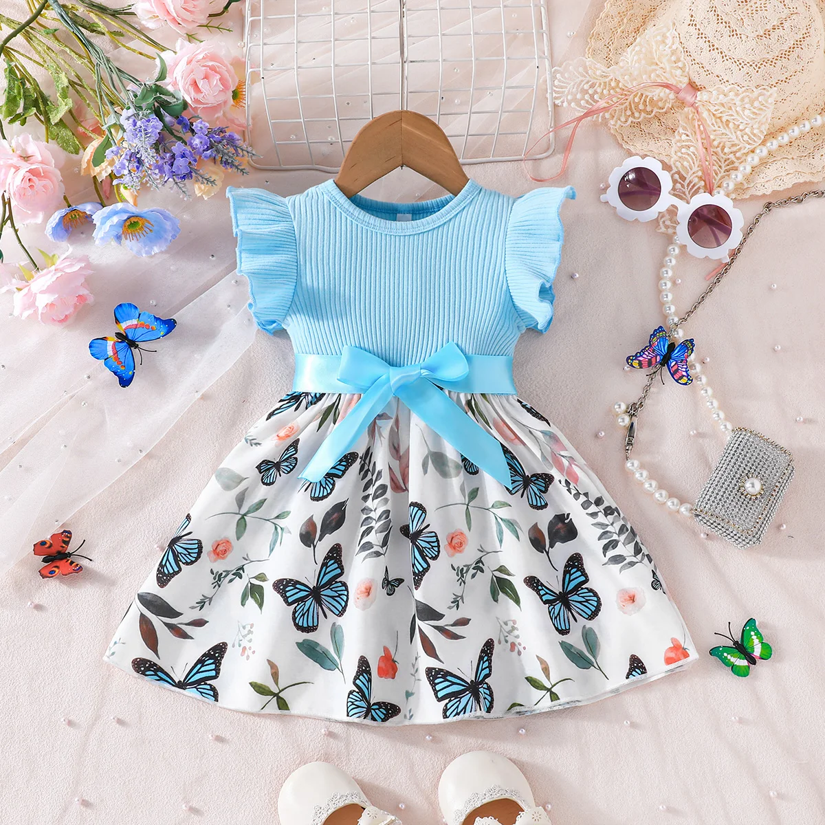 Dress For Kids 6-36 Months Cotton Ruffle Sleeve Cute Butterfly Floral Summer Princess Formal Dresses  For Newborn Baby Girl