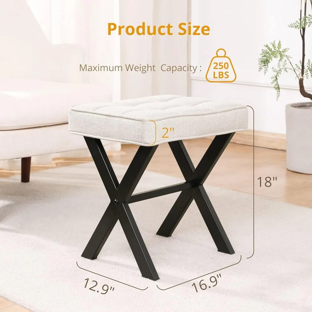 Ottoman Footstool Dressing Stool, Square Linen X-legged Footstool Ottoman Dressing Stool, Modern Cushioned Dressing Table Seat