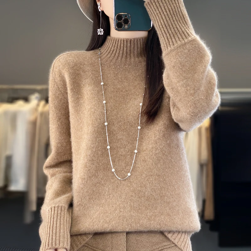 DjzDsm Autumn/Winter New 100% Pure Wool Women's Half High Collar Seven Needles Thickened Warm High Quality Knitted Sweater