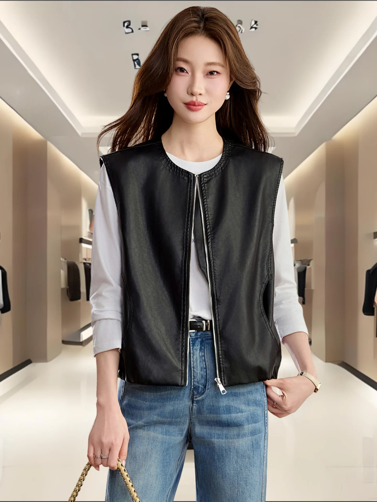 

Haining Genuine Leather Vest Women's Svel round Ne Faionable Spring Autumn Top Quali eep Leather Jaet