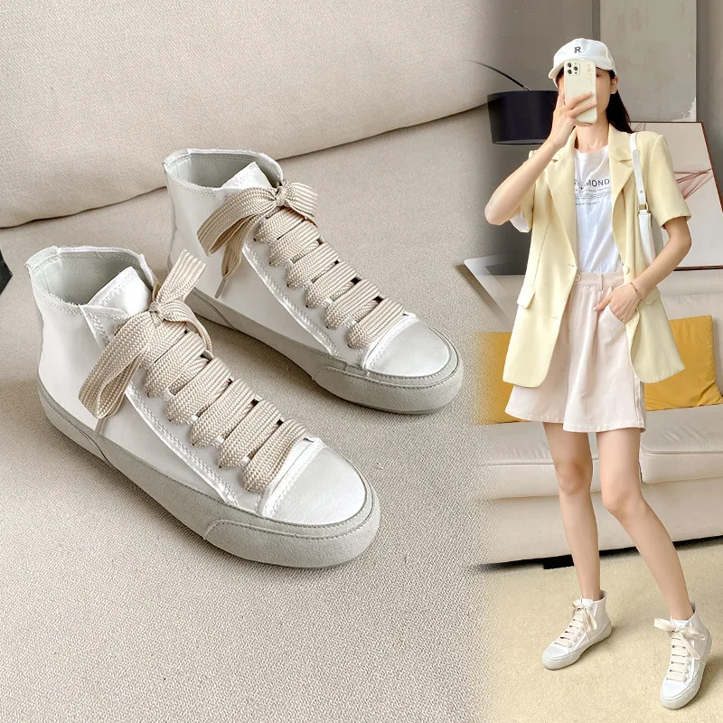 

2023 Spanish Small Satin High Top Students Canvas High Bang Board Lace-up Plus Velvet Small White Shoes Female