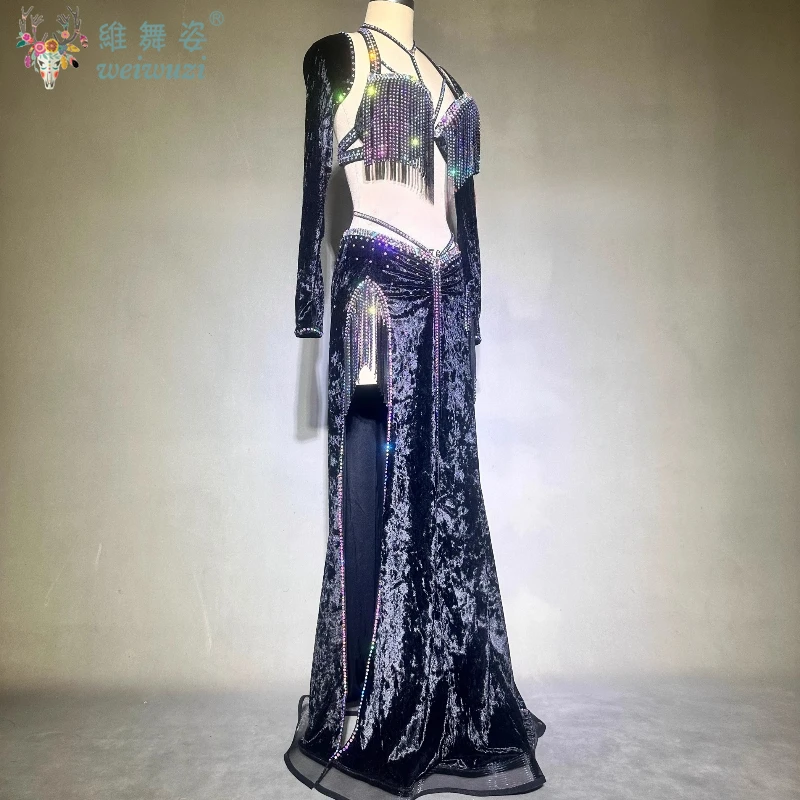 밸리 댄스 블랙 퍼포먼스 의상 여성용 밸리 댄스 경연 대회 슈트 브라 + 긴 소매 + 피쉬 테일 스커트 댄스 복장