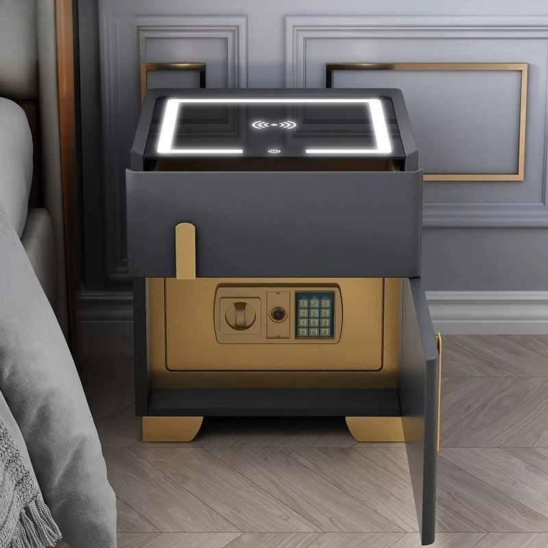 Smart orange bedside table with digital safe and wireless charging, modern home bedroom furniture