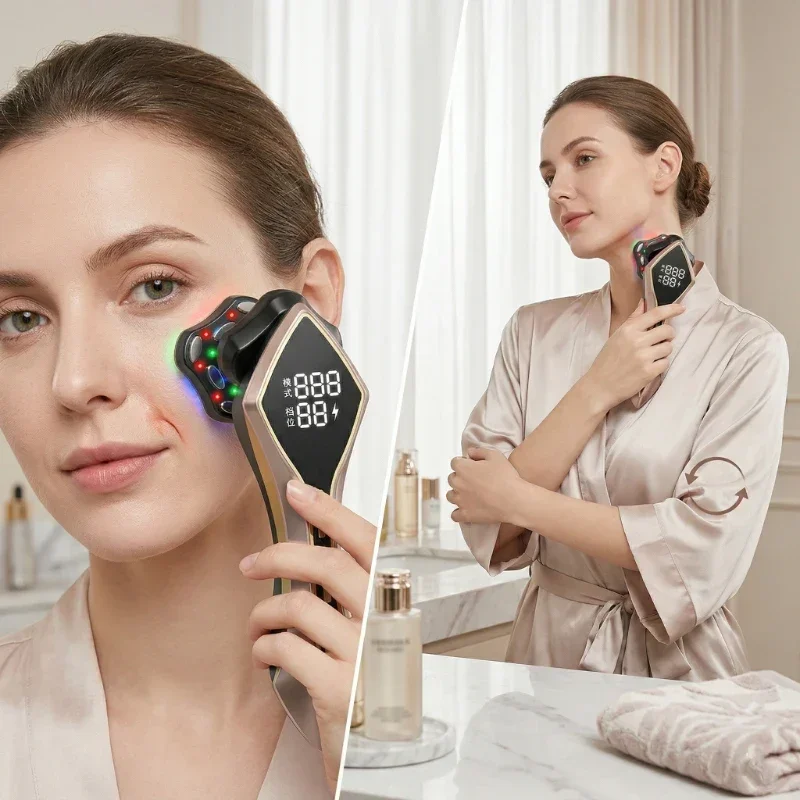 3D Gold Face Multifunction Skincare Device with Radio Frequency 4 Color LED Lights 10 Level Facial Lifting Beauty Skin Care Mass