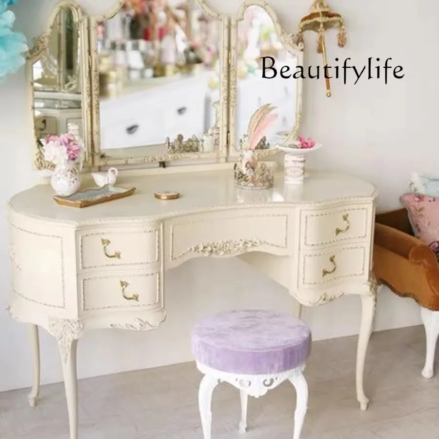 X36 American Simple Solid Wood Carved Dresser French Retro Bedroom Storage Storage Integrated Makeup Table