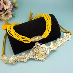 Sunspicems Yellow Jade Color Arabic Bride Jewelry Set For Women Morocco Rope Belt Tassels Chain Long Beads Chain Choker Necklace