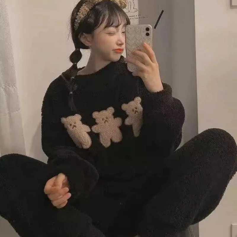 

Утолщенные теплые женские осенние и зимние комплекты из двух предметов, фланелевая одежда для сна, домашняя одежда, пижамы с длинными рукавами и круглым вырезом, свободная ночная рубашка