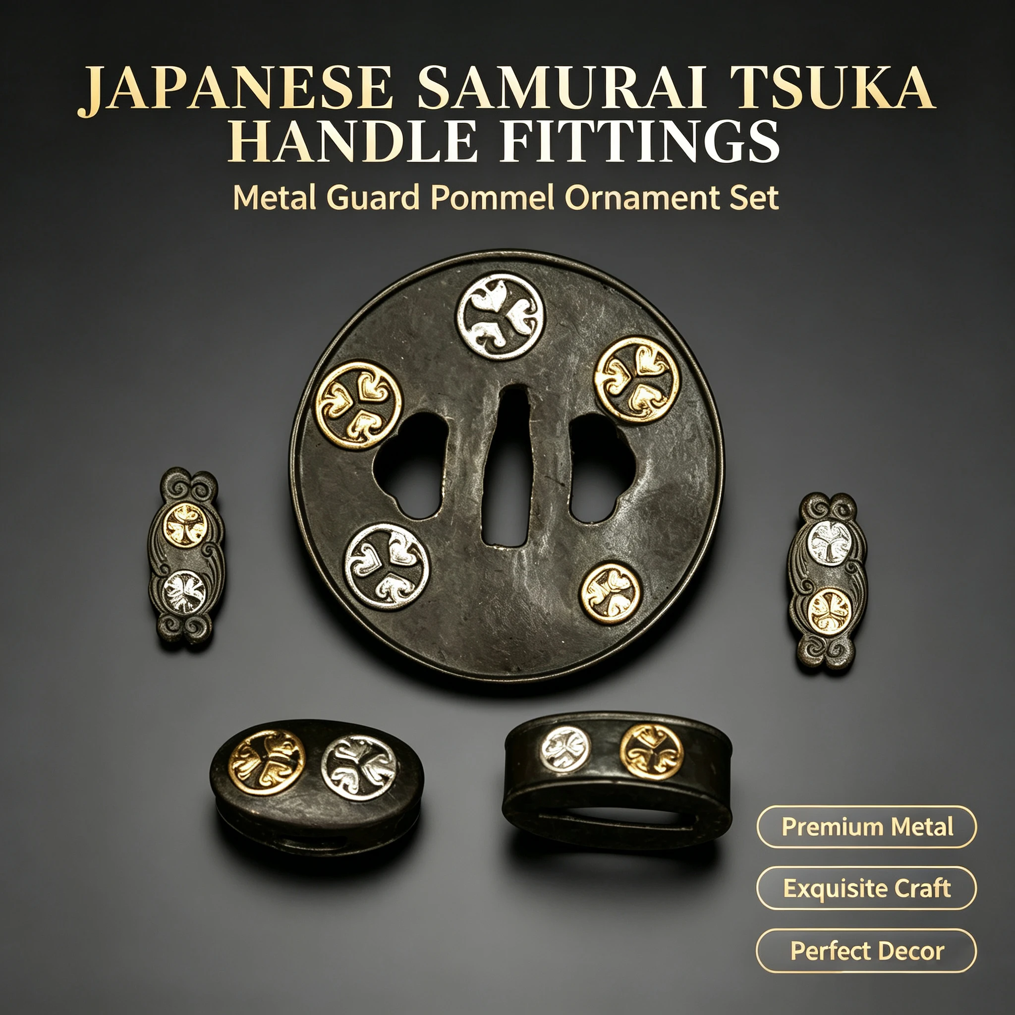 Japanese Samurai Tsuba Handle Fitting Set Three-Leaf Clover Inlaid Gold Silver Metal Sword Guard Fuchi Kashira Menuki Complete
